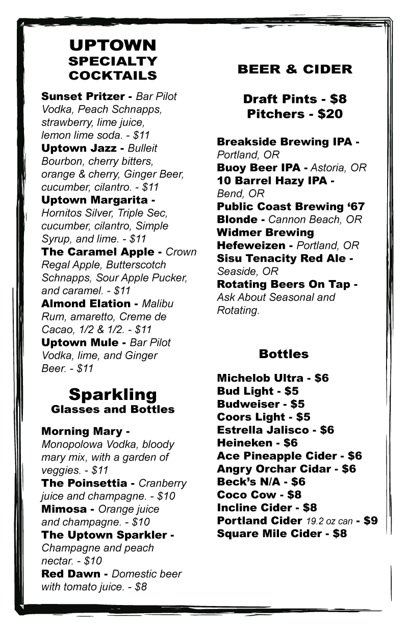 The Uptown Cafe Beer and Cocktails Menu