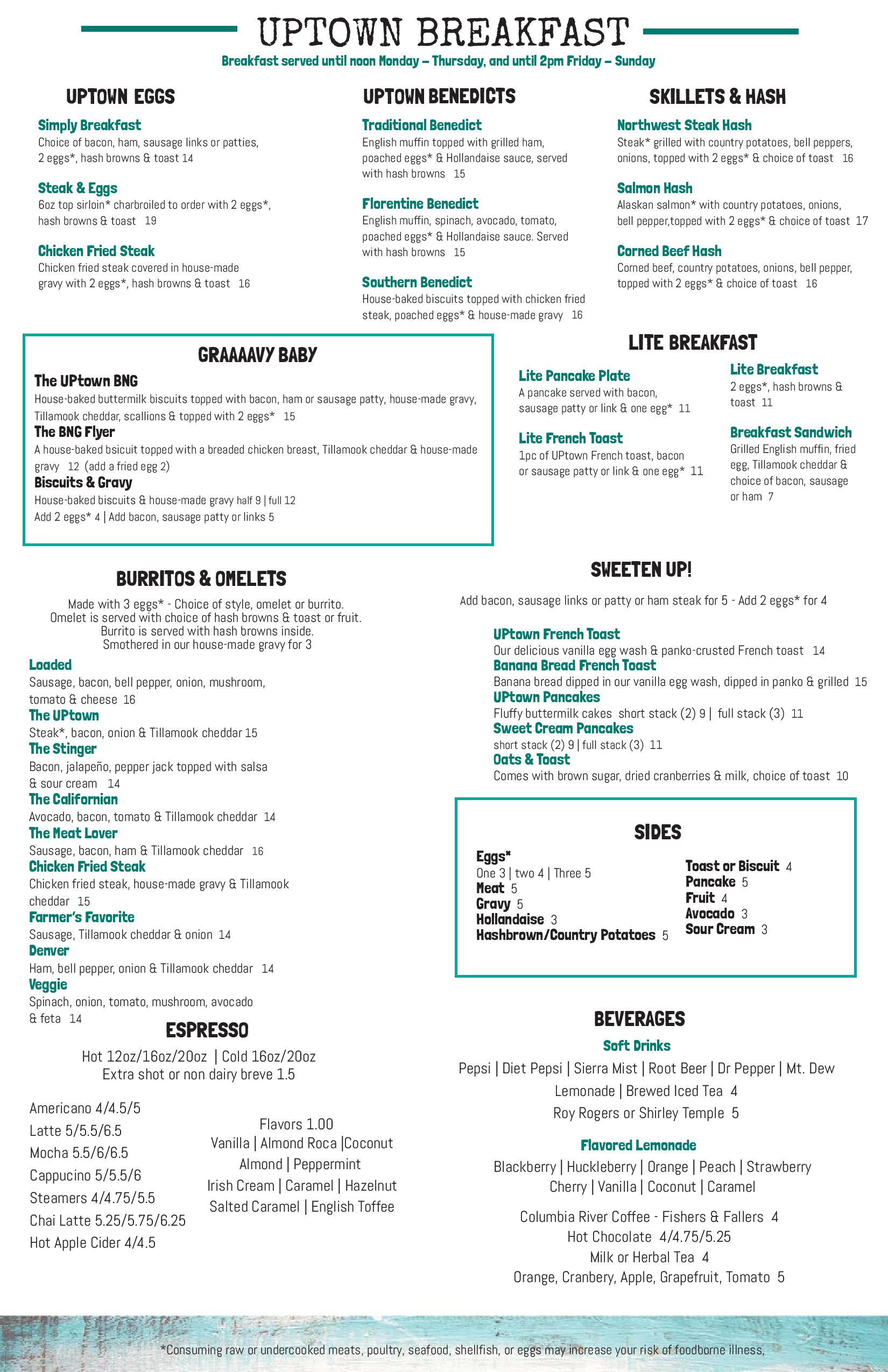 The Uptown Cafe Menu Page 1