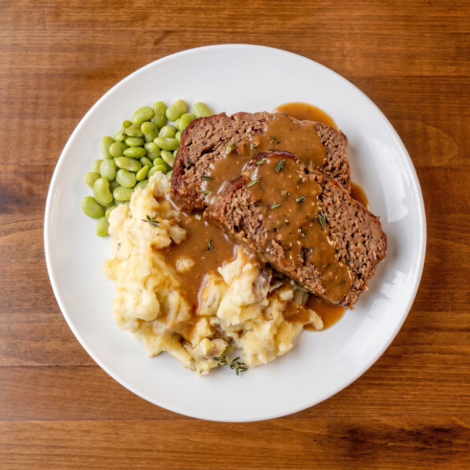Meatloaf slices with gravy, mashed potatoes, and lima beans on a white plate.