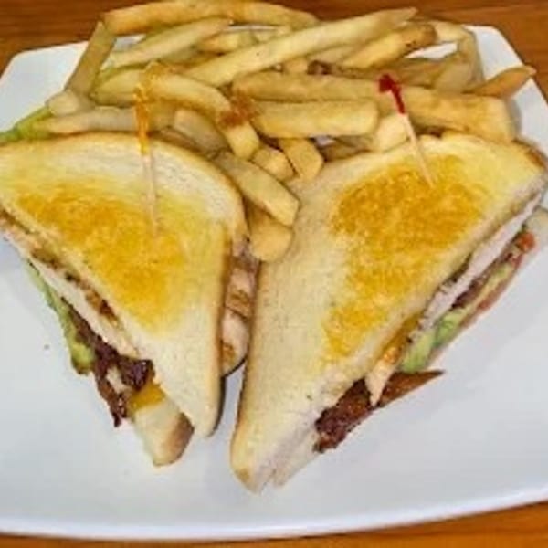 A grilled sandwich cut in half, served with a side of golden french fries on a white plate.