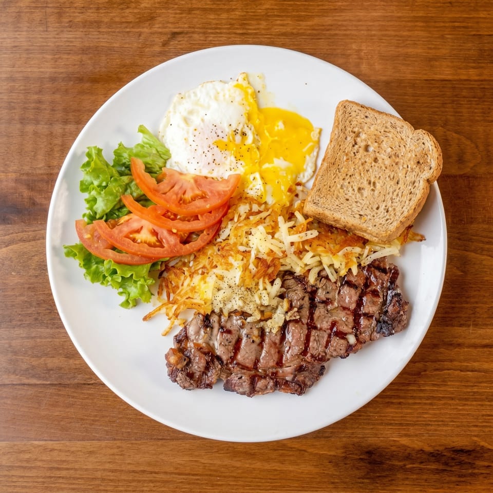 A breakfast plate with grilled steak, hash browns, fried eggs, toast, lettuce, and sliced tomatoes.